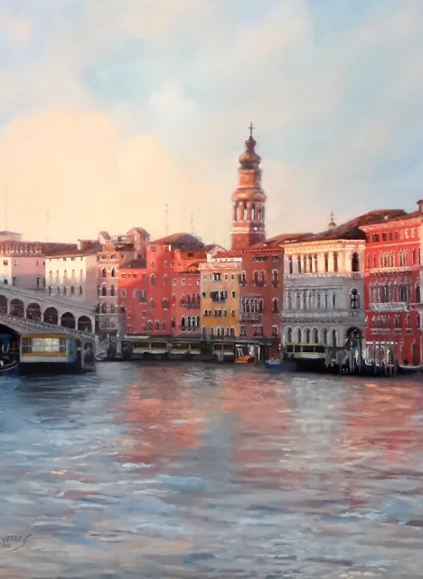 Puri Verde - Atardecer en puente Rialto. Óleo sobre lienzo