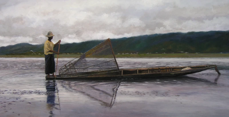 Puri Verde - Pescador en el lago Inle. Óleo sobre lienzo